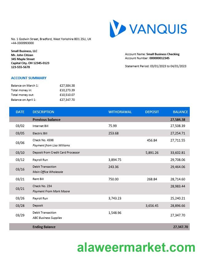 Vanquis Bank organization account statement Word and PDF template